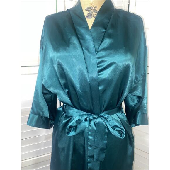 Vintage Dentelle Green Satin Full Length Robe Tie Waist Silky Bath Medium - Picture 2 of 9